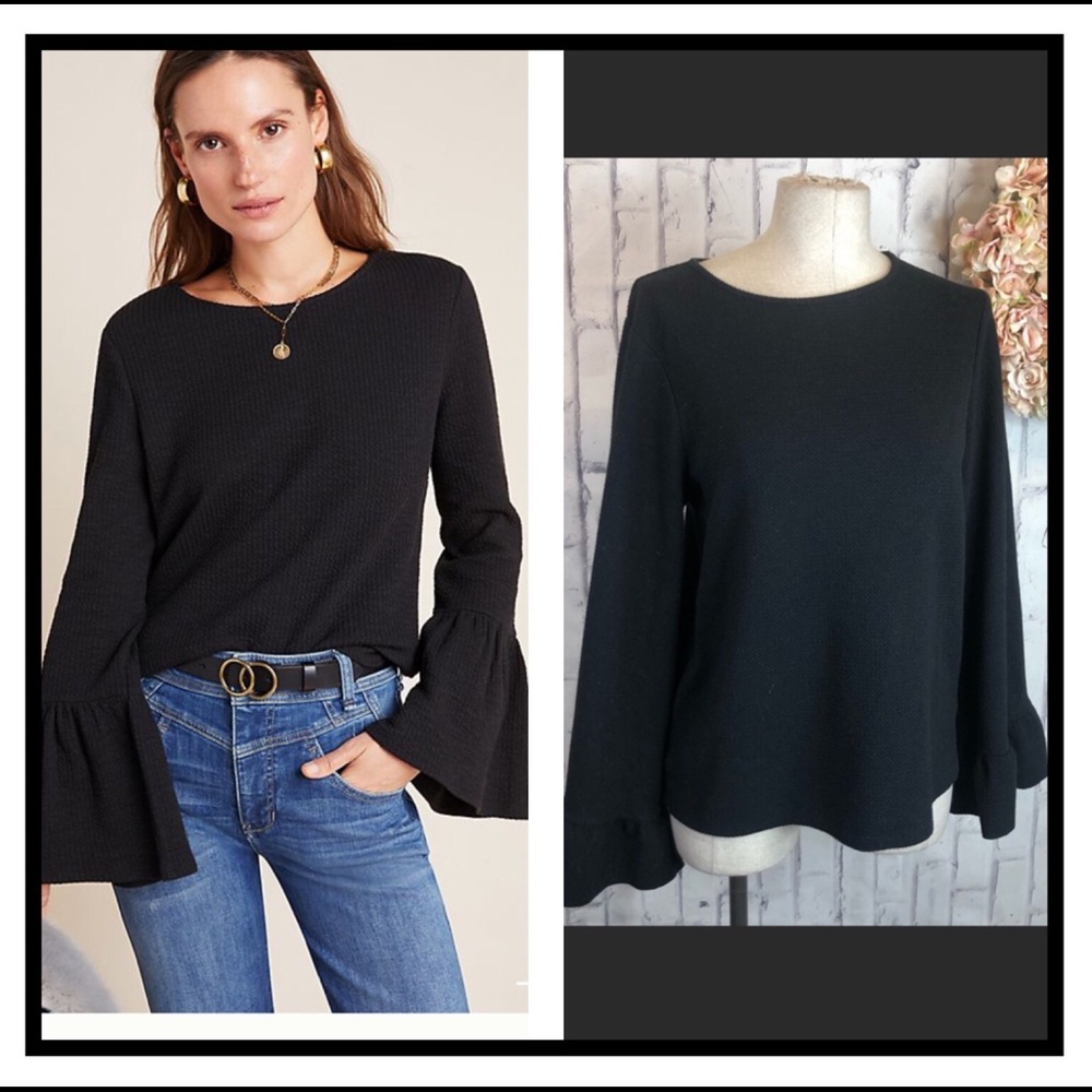 Halogen black waffle knit ruffle cuffs tunic